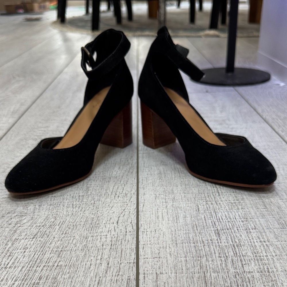 Soludos - Gemma Heels - Black Suede with buckle ankle strap